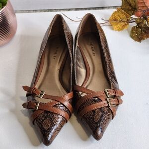 Attention Brown Snake Print Wedge Heels – Size 8 – Pointed Toe Slip-On – NWOT